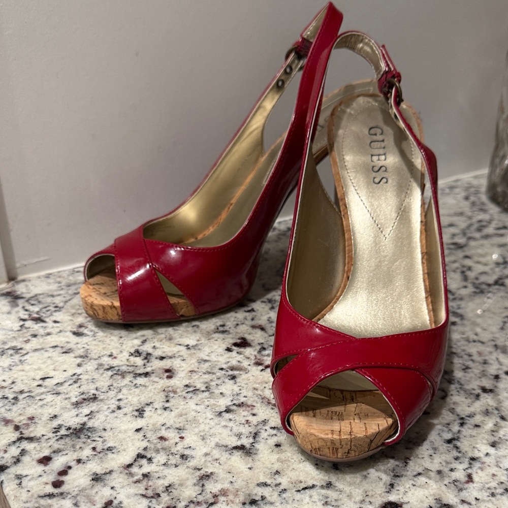 Guess Red Slingback Peep Toe Heels